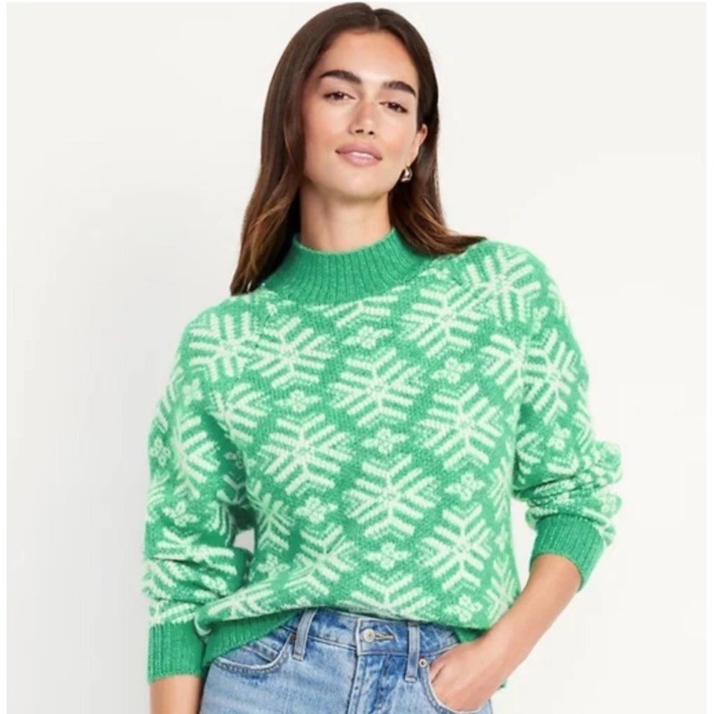 NWT Old Navy Women's Holiday‎ Print Mock-Neck Sweater - Green Snowflake Size XL